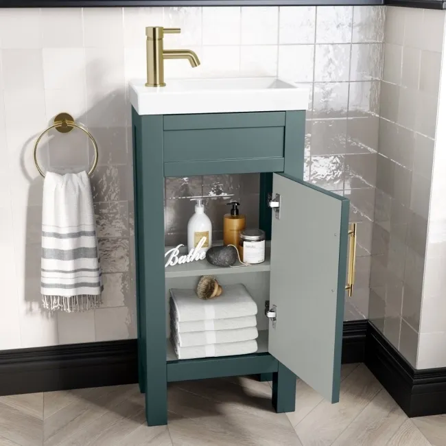 Bermuda Midnight Green Cloakroom Basin Vanity 400mm - Brass Knurled Handles