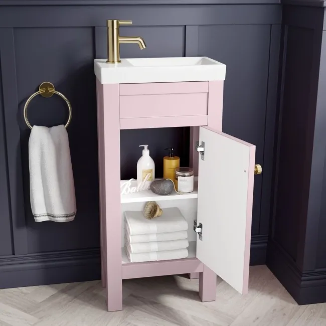 Bermuda Cashmere Pink Cloakroom Basin Vanity 400mm - Brushed Brass Accents