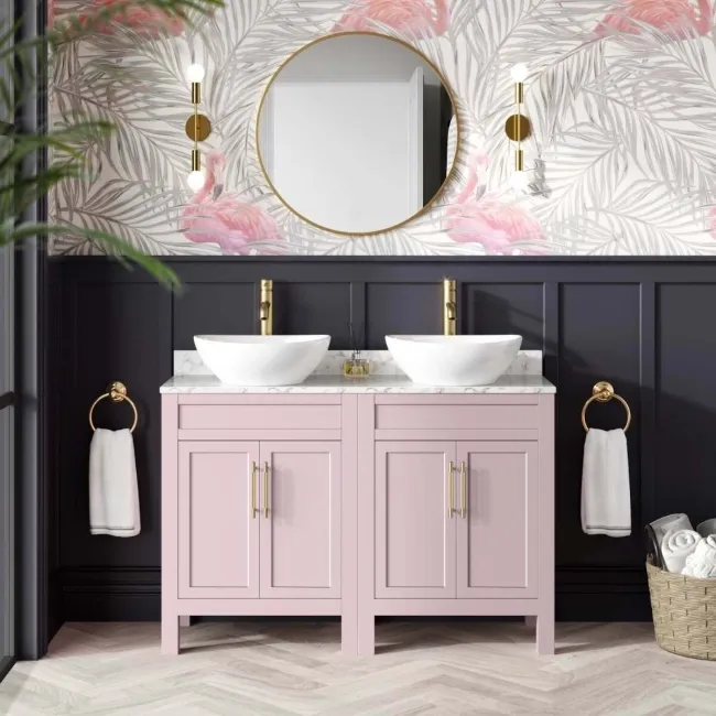 Bermuda Cashmere Pink Vanity with Marble Top & Oval Counter Top Basin 1200mm - Brass Knurled Handles