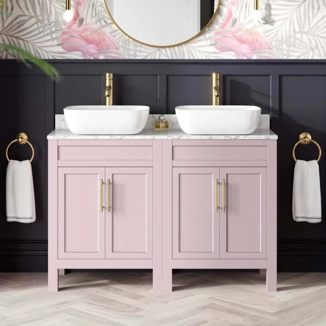 Bermuda Cashmere Pink Vanity with Marble Top & Curved Counter Top Basin 1200mm - Brass Knurled Handles