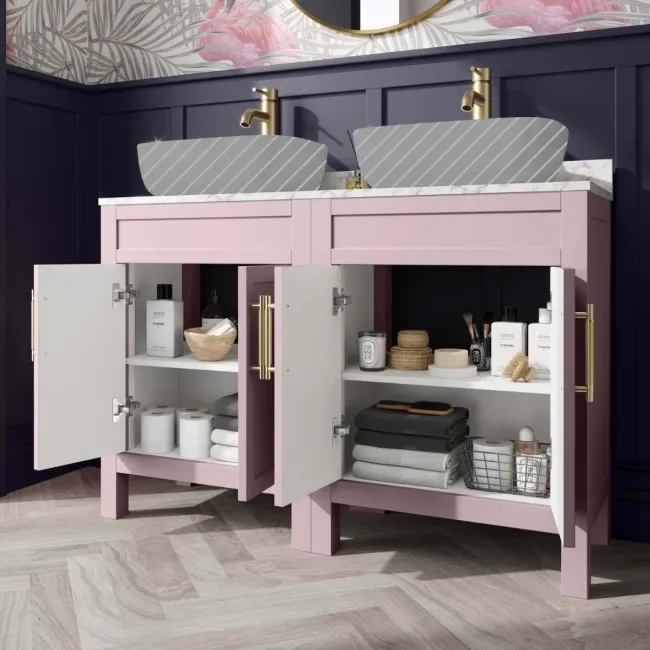 Bermuda Cashmere Pink Cabinet with Marble Top 1200mm (Excludes Counter Top Basin) - Brass Knurled Handles