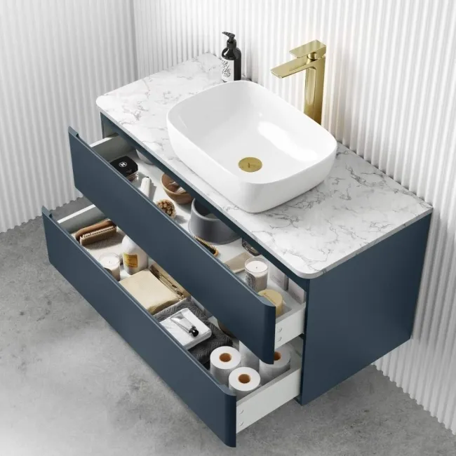 Corsica Inky Blue Vanity Drawer with Marble Top & Curved Counter Top Basin 1000mm