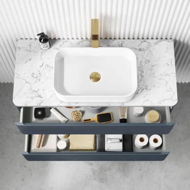 Corsica Inky Blue Vanity Drawer with Marble Top & Marin Basin 1000mm