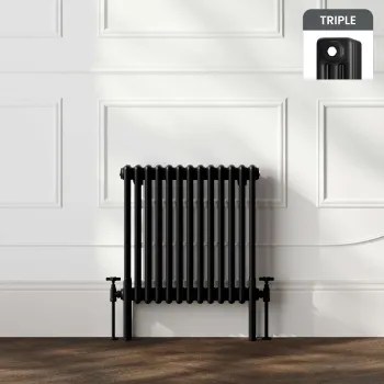 Athens Matt Black Triple Column Horizontal Traditional Radiator 600x605mm