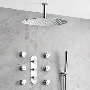 Ballina Premium Ceiling Chrome Round Thermostatic Set - 400mm Head, Hand Shower & Jets