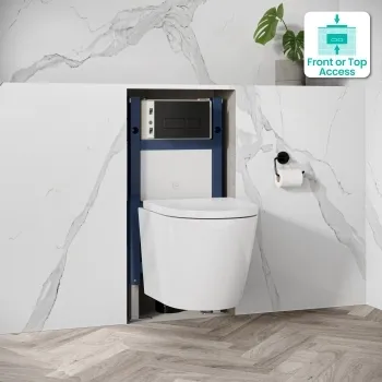 Idaho Pneumatic Compact Top & Front Wall Hung Toilet Frame and Concealed Cistern with Matt Black Flush Plate - Square Buttons