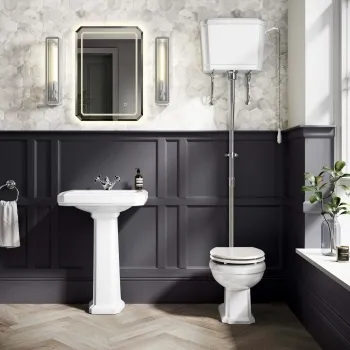 Hudson Traditional High-Level Toilet With Cotton White Seat & Pedestal Basin - Single Tap Hole