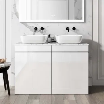 Trent Gloss White Double Vanity with Marble Top & Curved Counter Top Basin 1200mm