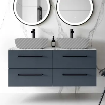 Elba Inky Blue Wall Hung Drawer with Marble Top 1200mm Excludes Basins - Black Accents