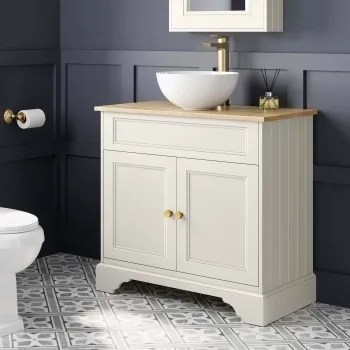Lucia Chalk White Vanity with Oak Effect Top & Round Counter Top Basin 840mm - Brushed Brass Accents