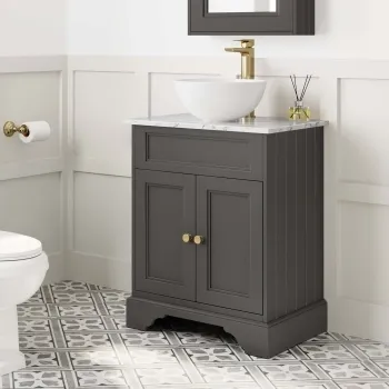 Lucia Graphite Grey Vanity with Marble Top & Round Counter Top Basin 640mm - Brushed Brass Accents