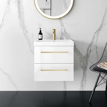 Elba Gloss White Wall Hung Basin Drawer Vanity 500mm - Brushed Brass Accents
