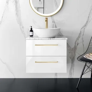 Elba Gloss White Wall Hung Drawer Vanity with Marble Top & Oval Counter Top Basin 600mm - Brushed Brass Accents