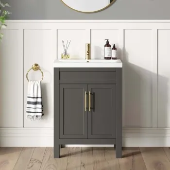 Bermuda Graphite Grey Basin Vanity 600mm - Brass Knurled Handles