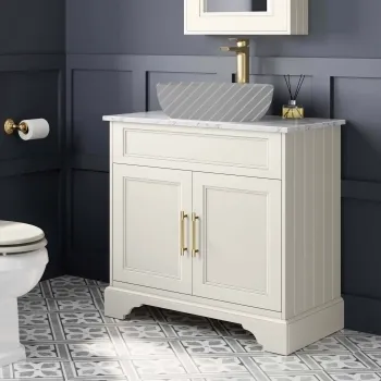 Lucia Chalk White Cabinet with Marble Top 840mm (Excludes Counter Top Basin) - Brass Knurled Handles