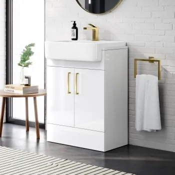 Harper Gloss White Vanity with Semi Recessed Basin 600mm - Brushed Brass Accents