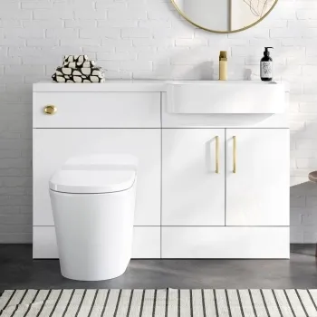 Harper Gloss White Combination Vanity Basin and Boston Toilet 1200mm - Brushed Brass Accents - Right Handed