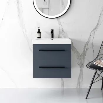 Elba Inky Blue Wall Hung Basin Drawer Vanity 500mm - Black Accents