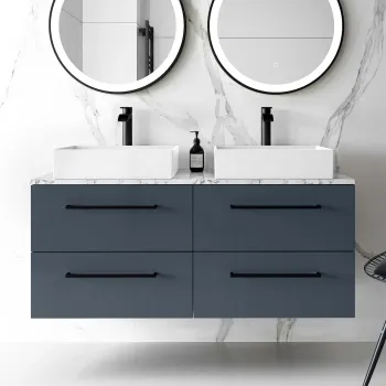 Elba Inky Blue Double Wall Hung Drawer Vanity with Marble Top & Cody Basin 1200mm - Black Accents