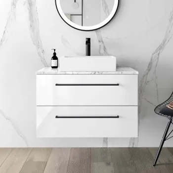 Elba Gloss White Wall Hung Drawer Vanity with Marble Top & Cody Basin 800mm - Black Accents