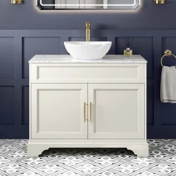 Lucia Chalk White Vanity with Marble Top & Oval Counter Top Basin 1030mm - Brass Knurled Handles