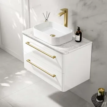 Omaha Gloss White Wall Hung Drawer Vanity with Marble Top & Marin Basin 800mm - Brushed Brass Accents