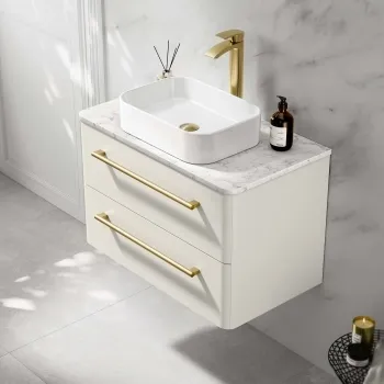 Omaha Linen White Wall Hung Drawer Vanity with Marble Top & Marin Basin 800mm - Brushed Brass Accents