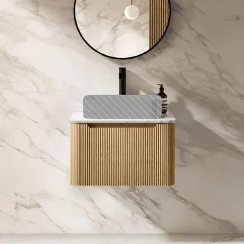 Sorrento Fluted Country Oak Wall Hung Drawer Vanity with Marble Top 600mm - Excludes Counter Top Basin