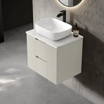 Crete Fluted Linen White Wall Hung Drawer Vanity with Marble Top & Curved Basin 600mm