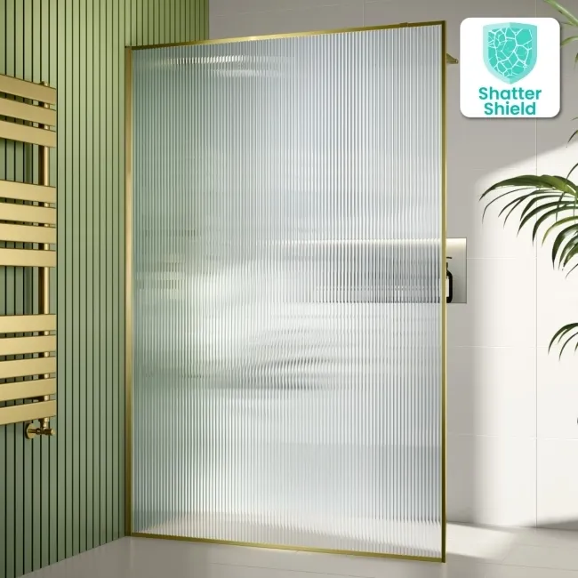 Munich Fluted Effect Brushed Brass Easy Clean 8mm Wet Room Shower Glass Panel 1400mm