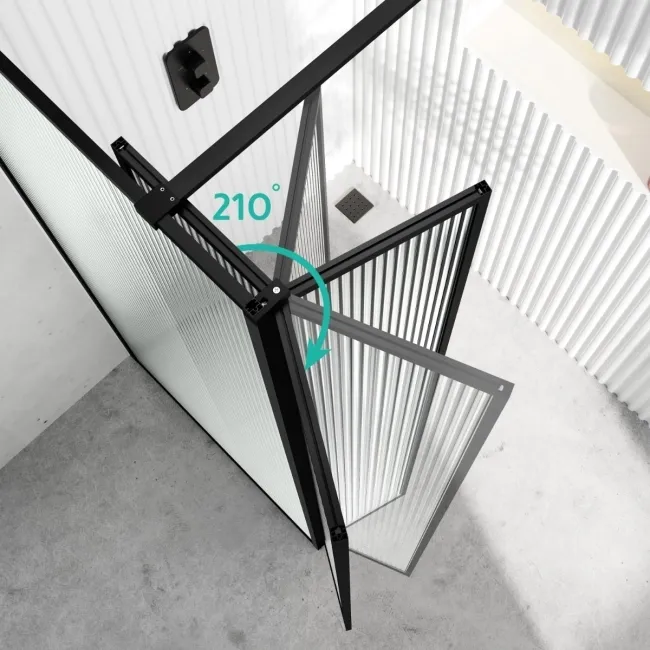 Munich Fluted Effect Matt Black Framed 8mm Wet Room Shower Glass 1400mm & 250mm Pivotal Return Panel