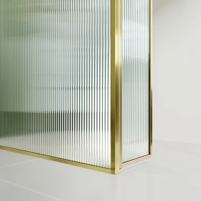 Munich Fluted Effect Brushed Brass 8mm Wet Room Shower Glass 1400mm & 250mm Pivotal Return Panel