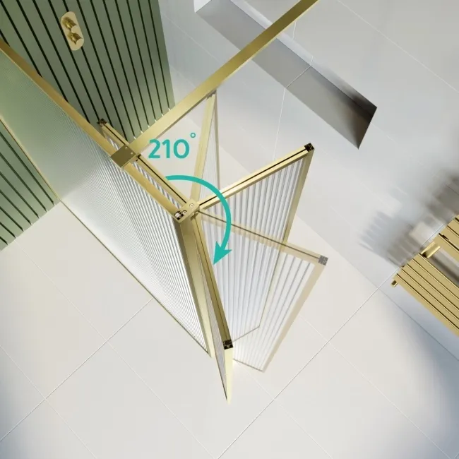 Munich Fluted Effect Brushed Brass 8mm Wet Room Shower Glass 1400mm & 250mm Pivotal Return Panel