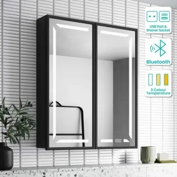 Mia Black Framed Illuminated LED Mirror Cabinet With BLUETOOTH Speaker & USB Port 710x600mm