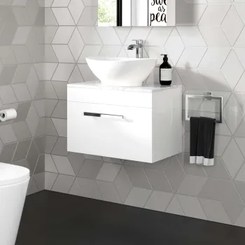 Avon Gloss White Wall Hung Drawer Vanity with Marble Top & Oval Counter Top Basin 600mm