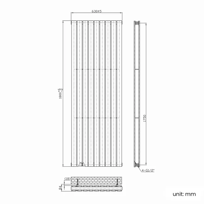Faro Matt Black Double Flat Panel Vertical Radiator 1800x630mm