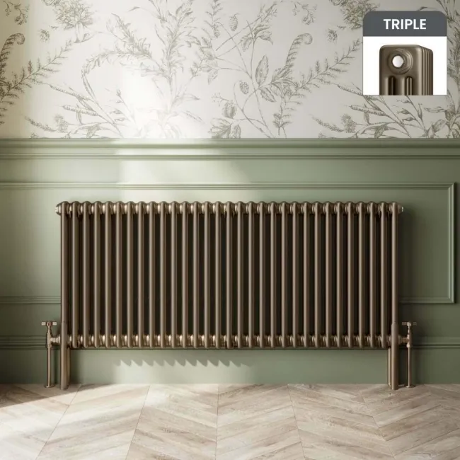 Athens Antique Gold Triple Column Horizontal Traditional Radiator 600x1415mm