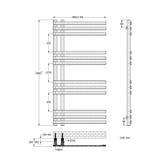 Madrid Matt Black Designer Heated Towel Rail 1200x600mm