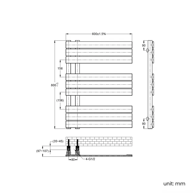 Seville Brushed Brass Designer Flat Panel Heated Towel Rail 800x600mm