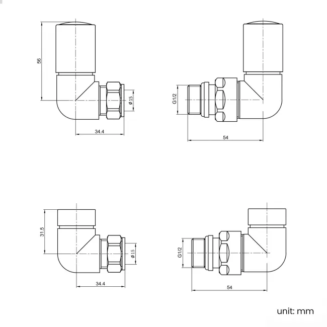 Anthracite Angled Radiator Valves and lockshield pack (Pair) Standard 15mm