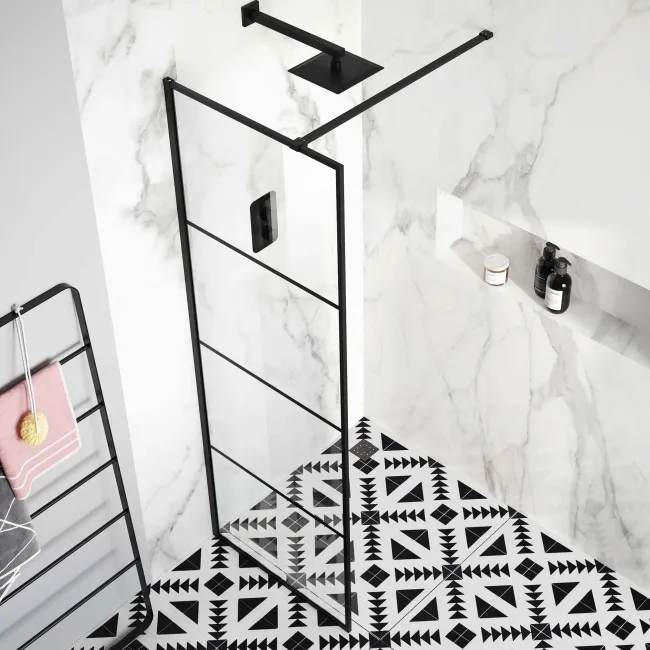 Munich Matt Black Grid Easy Clean 8mm Wet Room Shower Glass Panel 700mm