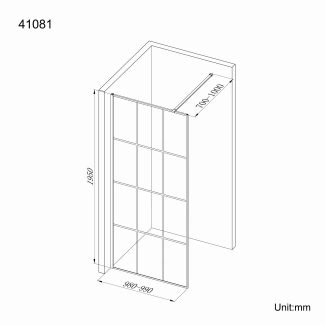 Munich Matt Black Grid Easy Clean 8mm Wet Room Shower Glass Panel 1000mm