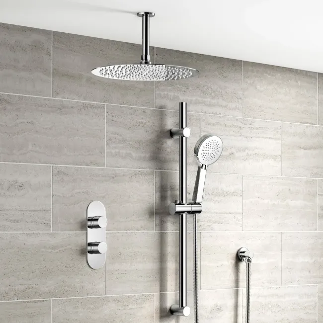 Ballina Premium Ceiling Chrome Round Thermostatic Shower Set - 300mm Head & Slider Shower