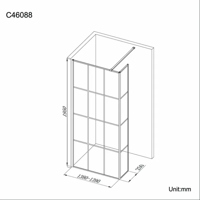 Munich Matt Black Grid 8mm Wet Room Shower Glass 1400mm & 250mm Return Panel