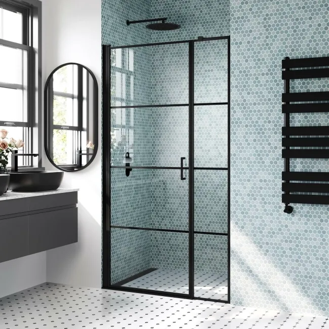 Toulon Matt Black Easy Clean 6mm Pivot Shower Door 1000mm