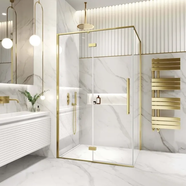 Helsinki Brushed Brass Premium Easy Clean 8mm Hinged Shower Enclosure 1200x900mm