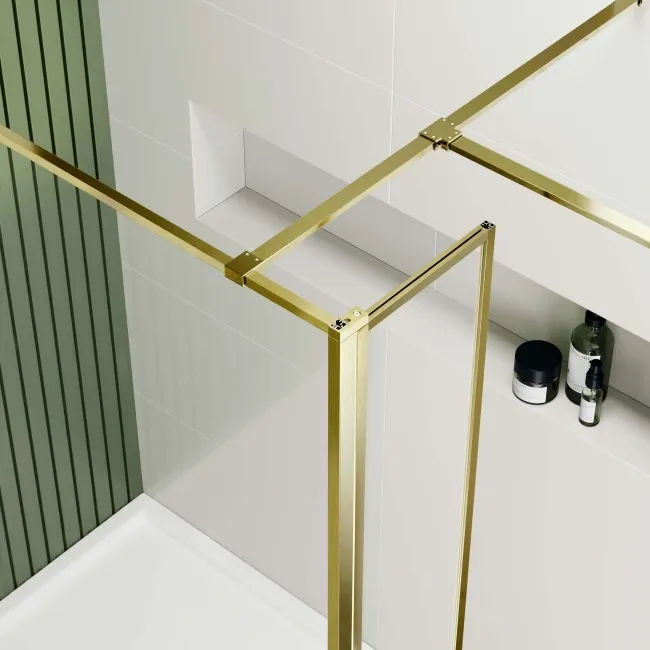 Munich Brushed Brass Framed 8mm Walk In Shower Enclosure 1400mm & 700mm Glass with Return Panel