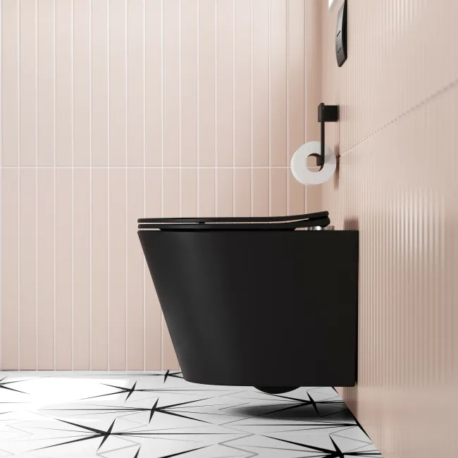 Boston Matt Black Rimless Wall Hung Toilet With Premium Soft Close Seat