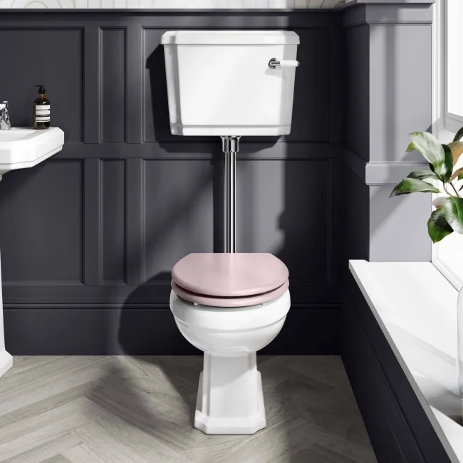 Hudson Traditional Low-Level Toilet With Cashmere Pink Seat & Pedestal Basin - Double Tap Hole