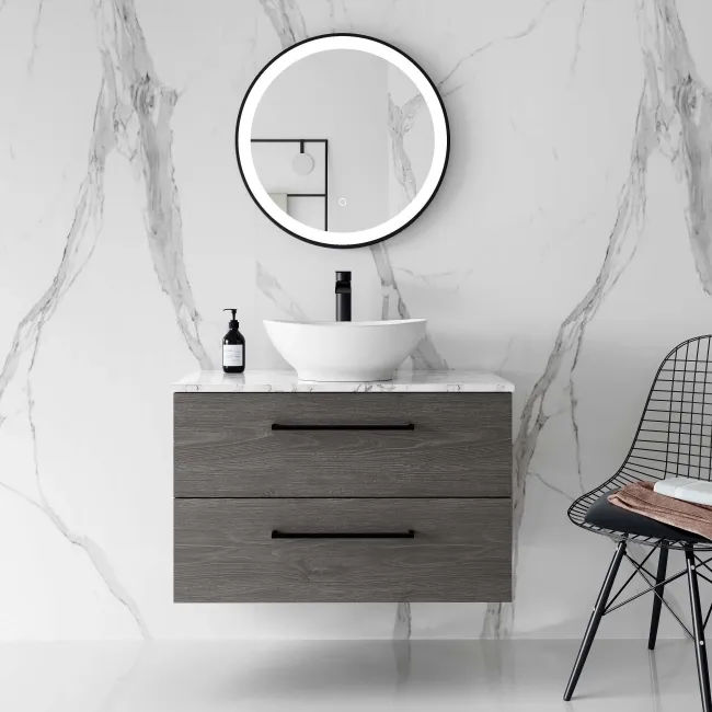 Elba Charcoal Elm Wall Hung Drawer Vanity with Marble Top & Oval Counter Top Basin 800mm - Black Accents